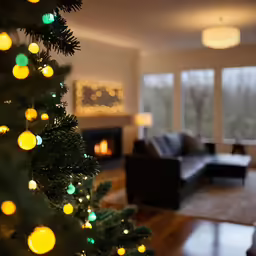 a living room with christmas lights and a couch