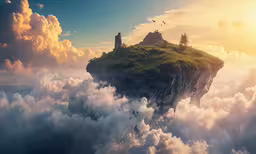 an island in the clouds, with people flying around it