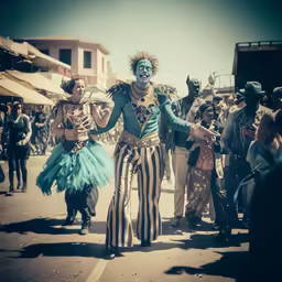 an artistically dressed man and woman dancing