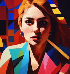 an image of a woman with different colored squares,a girl with colorful hair standing in front of an art work