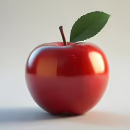 an apple with leaf sitting on top of a white table