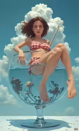 a girl sitting in a large glass bowl with a paddle