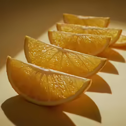 four slices of fruit with stems spread out on a table
