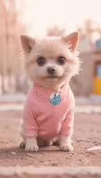 small white dog with blue eyes wearing a pink sweater