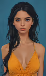 a drawing of a woman with long hair wearing yellow bikini top