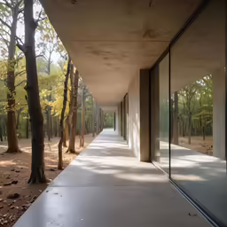glass walls on an outdoor walkway between two trees