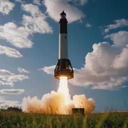 a rocket takes off from a grassy field