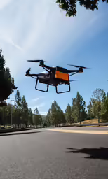 a colorful, flying quad quad - rotor glides in the air over a street