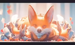 the fox is lying on its back among many other objects