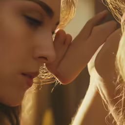 a woman is looking down while touching her nose