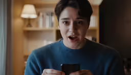 a young man holding a cell phone in his hand and making a silly face
