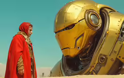 the man in a red cape stands next to a giant iron man