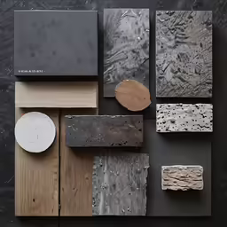 a collection of different materials on display on a table
