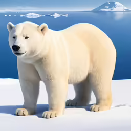 a polar bear stands in the snow by an ice shelf
