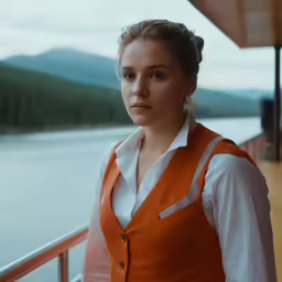 a woman wearing an orange vest and looking forward