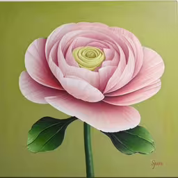 a flower that is painted on a green surface,a large pink flower is on a green background,large pink flower on green background with green leaves,pink flower on green background with leaf,an oil painting of a large pink flower
