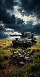 a tank is standing in the middle of an open field