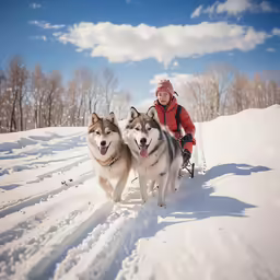 two people are walking in the snow with husky dogs
