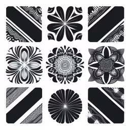 black and white graphics of flowers and stripes,the images are black and white in different styles