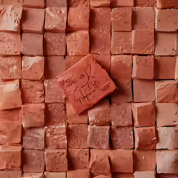 some brown bricks are arranged near a pink sign