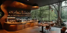 a restaurant with an interesting counter and large windows