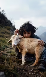 there is a young girl that is cuddling the face of a small goat