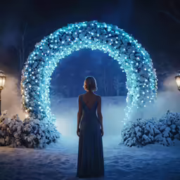a woman looking into a lighted arch in the snow