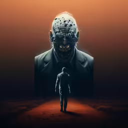 a man with an scary mask walks towards a creepy creature