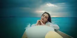 a woman riding on top of a boat on the ocean