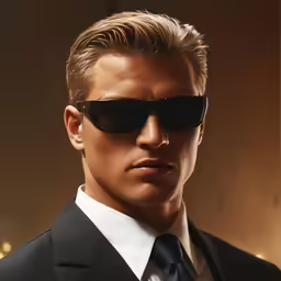 a young man in a suit and sunglasses looking serious
