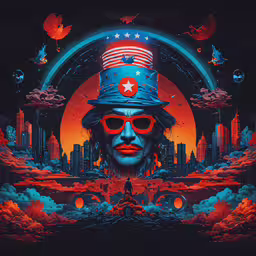 the cover for an album with a photo of a man wearing sunglasses, a blue hat and glasses,a large poster of a man wearing red, white and blue