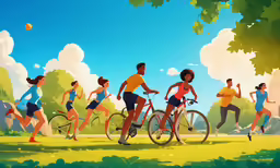 people in shorts are running, riding bicycles and jogging