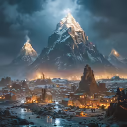 an alien city by the edge of a mountain range