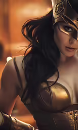 a woman is wearing a golden dress and helmet