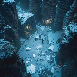 a man walks through a dark cave in the snow