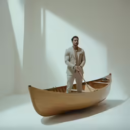 a man in beige suit and tie stands in a canoe
