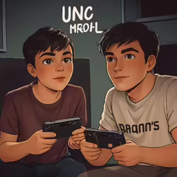 two boys playing on different devices on their phones