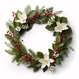 a christmas wreath with holly and flowers