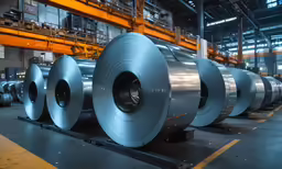 rolled up steel sits at a factory in an industrial environment
