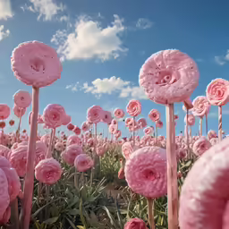 there is a field with pink flowers that are very large