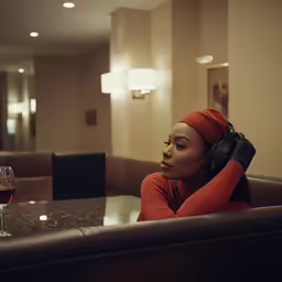 a woman sitting at a restaurant table with a glass of wine