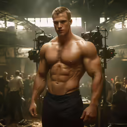 a man with muscular arms and legs stands in front of a large crowd