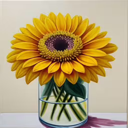 a painting of sunflower in a glass vase,there is a beautiful yellow sunflower that is in the vase