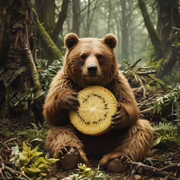 the bear is holding a piece of fruit