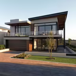 a two - story house with a big patio and grass area