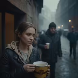 a woman holding a cup of coffee looking at her man