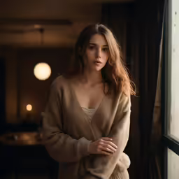 a woman standing next to a window with her hands on her hips