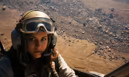 a woman with goggles and an air plane looking into the distance