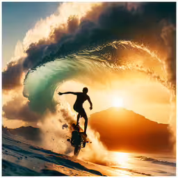 man riding surfboard on large wave at sunset,a person surfing on a very big wave