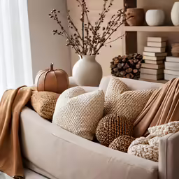 a collection of pillows and pillows sit in front of a bookcase